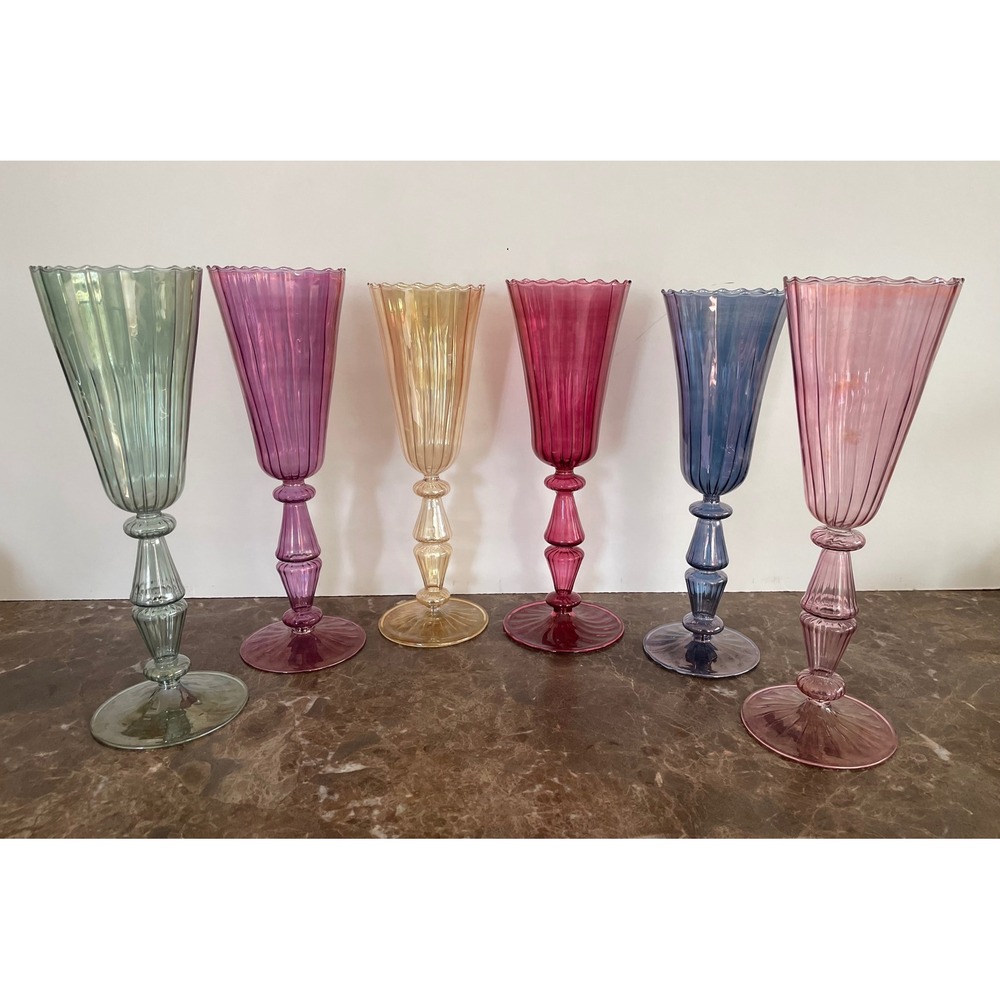 6 Handblown Venetian Murano Glass Iridescent Ribbed Champagne Flutes Multicolor - Picture 3 of 16